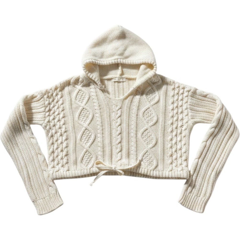 Aeropostale Womens Cream Cable Knit Cropped Hoodie Sweater V-Neck Size M